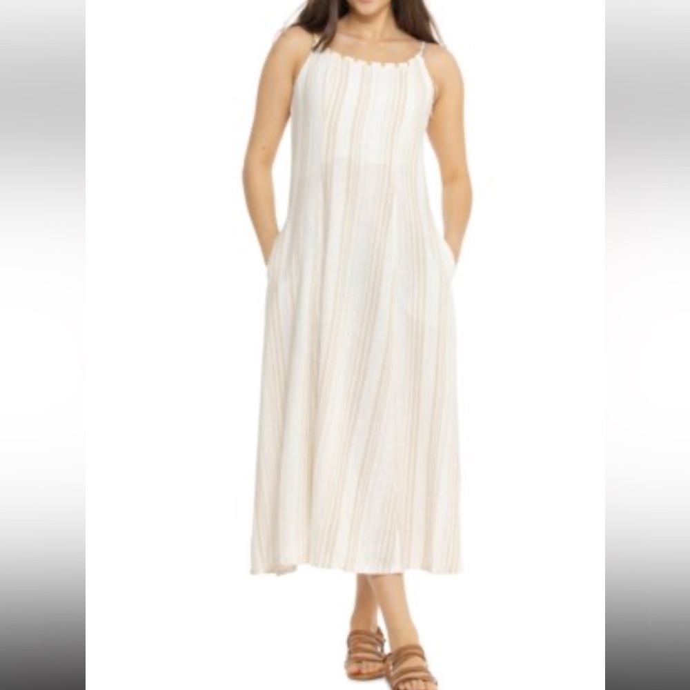 Calypso St Barth Linen Blend Beaded Maxi Dress 12 boho coastal resort vacation